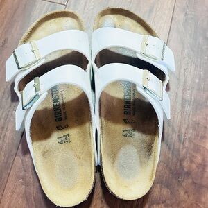 Birkenstock White Sandals with Gold Buckles